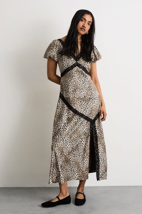 Polkadot Puff Sleeve Lace Trim Midi Dress With Split - Image 1