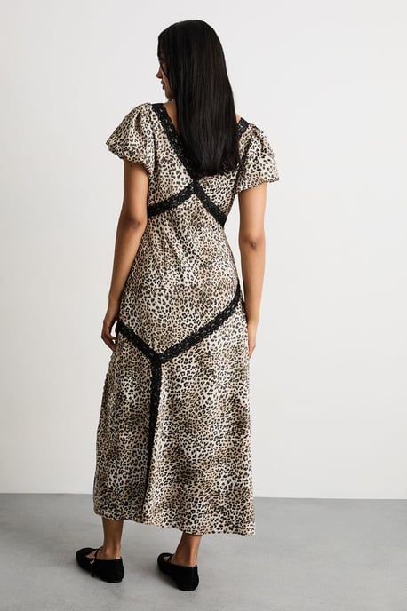 Polkadot Puff Sleeve Lace Trim Midi Dress With Split - Image 3
