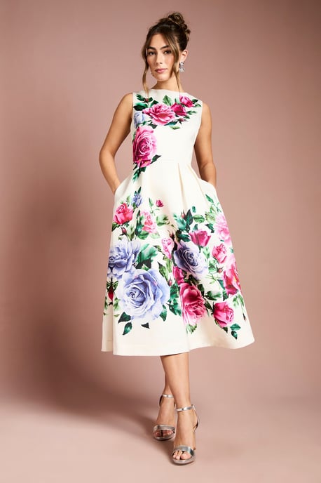 Pocket Structured Satin Placement Print Midi Dress - Image 2
