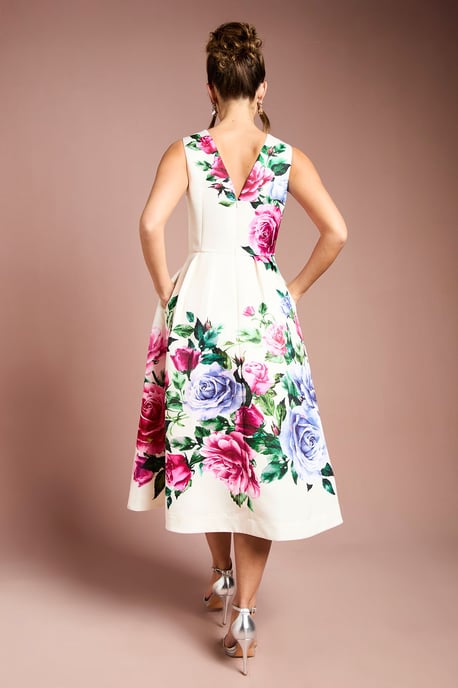 Pocket Structured Satin Placement Print Midi Dress - Image 3