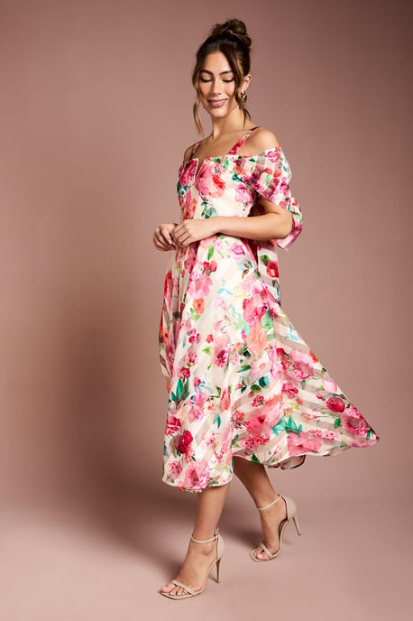 Printed Organza Bardot Midi Dress - Image 1