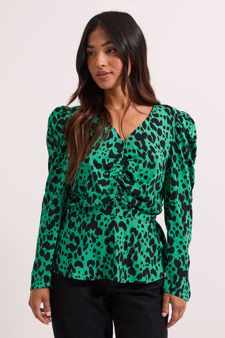 Petite Green Animal Button Detail Printed Peplum Blouse - Image 1