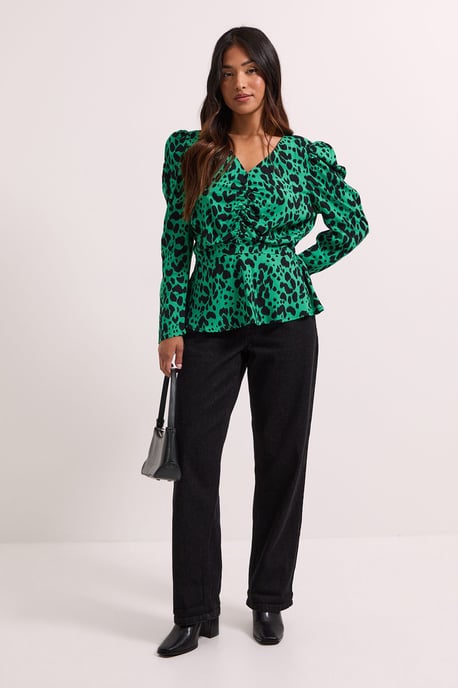 Petite Green Animal Button Detail Printed Peplum Blouse - Image 2