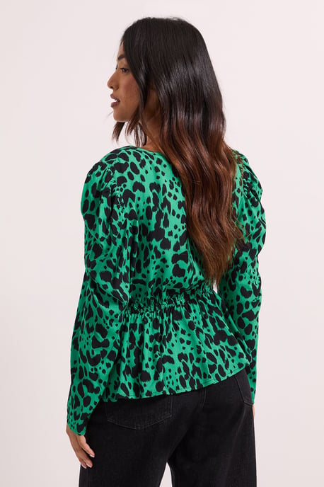 Petite Green Animal Button Detail Printed Peplum Blouse - Image 5