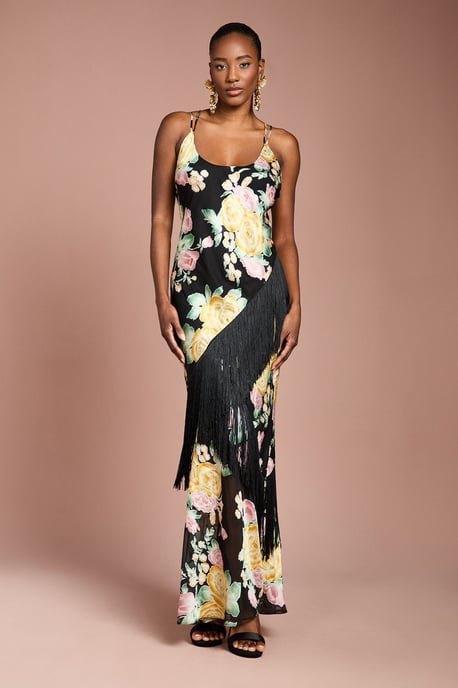 Strappy Satin Jacquard Fringe Detail Maxi Dress - Image 1
