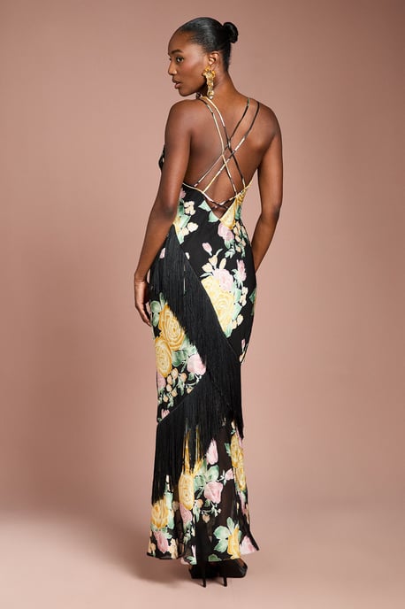 Strappy Satin Jacquard Fringe Detail Maxi Dress - Image 3