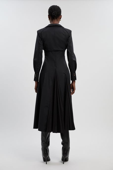 Pleated Detail Cotton Long Sleeve Woven Midi Dress - Image 4