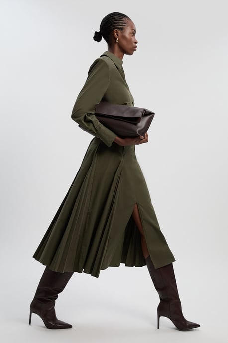 Pleated Detail Cotton Long Sleeve Woven Midi Dress - Image 1