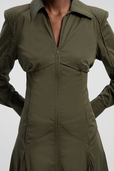 Pleated Detail Cotton Long Sleeve Woven Midi Dress - Image 2