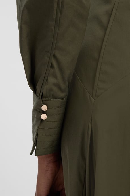 Pleated Detail Cotton Long Sleeve Woven Midi Dress - Image 3