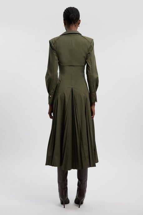 Pleated Detail Cotton Long Sleeve Woven Midi Dress - Image 4