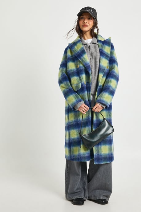 Check Double Breast Wool Look Coat - Image 1
