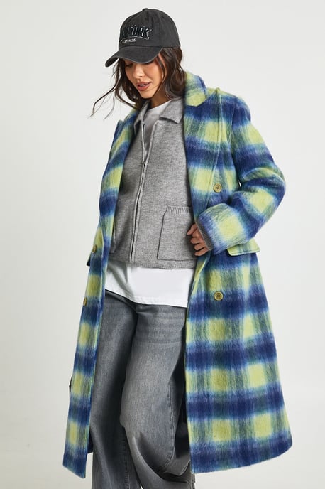 Check Double Breast Wool Look Coat - Image 3