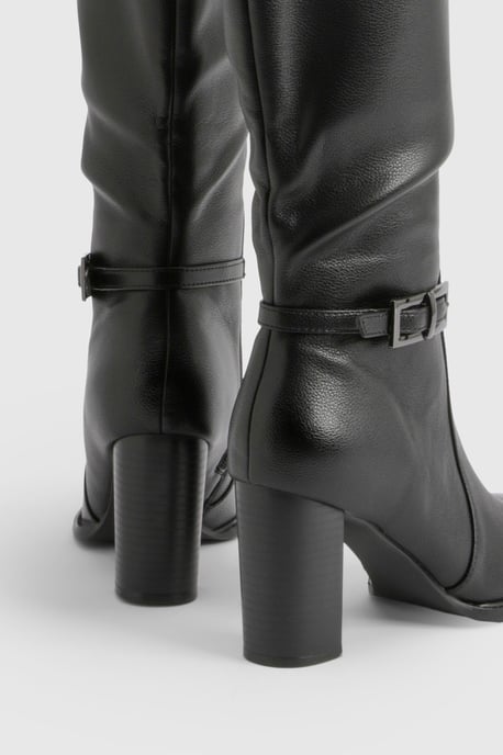Buckle Detail Low Block Knee High Boots - Image 4