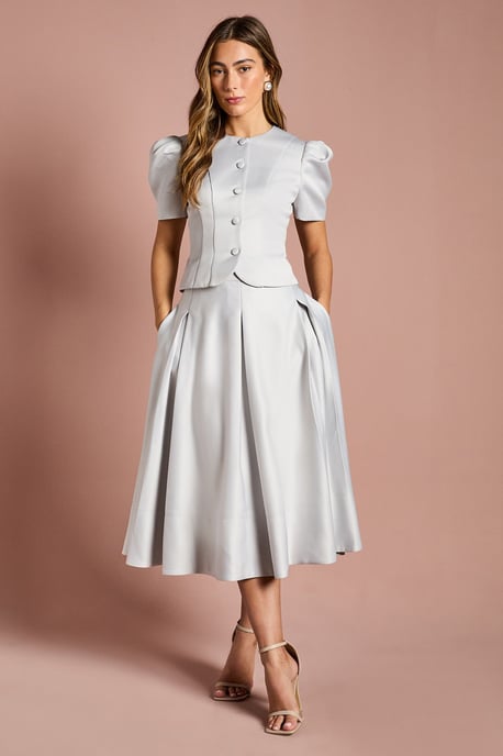 Satin Pleat Front Midi Full Skirt - Image 1