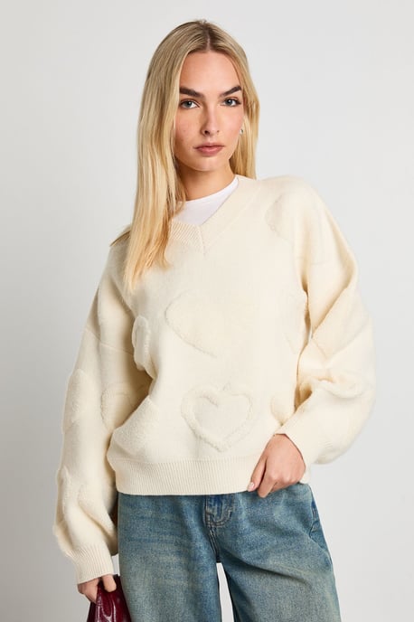 Chunky Knit V Neck Heart Print Jumper - Image 3