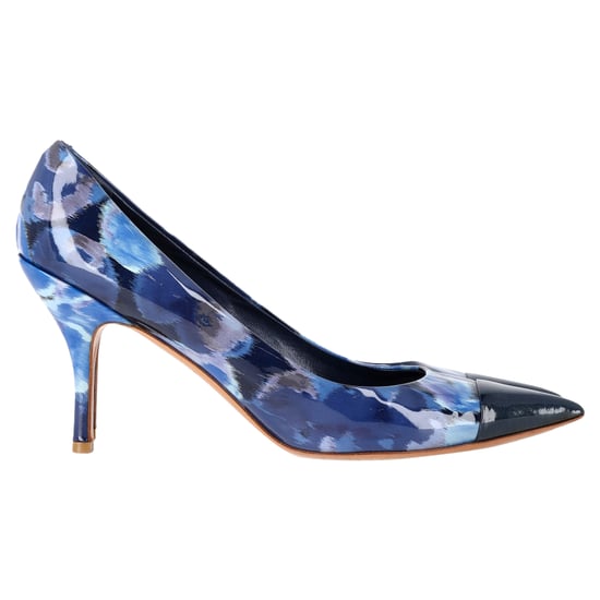 Louis Vuitton Printed Pointed Cap-Toe Pumps in Navy Blue Patent Leather - Image 1