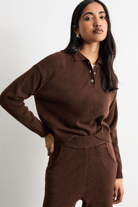 Knitted Button Up Collar Detail Jumper - Image 1