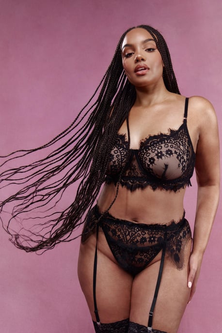 Crotchless Eyelash Lace Bralette Suspender And Thong Set - Image 1