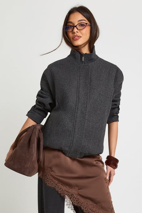 Funnel Neck Wool Look Bomber Jacket - Image 1