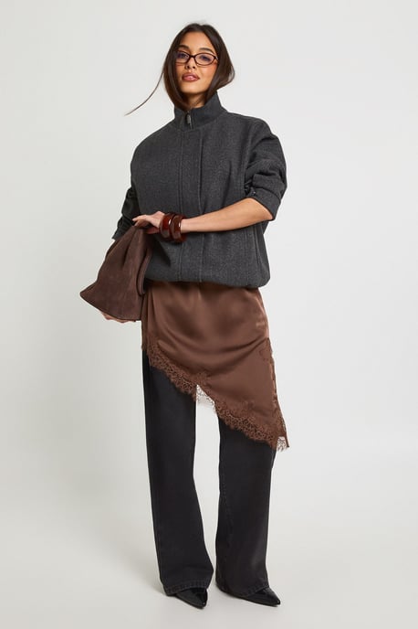 Funnel Neck Wool Look Bomber Jacket - Image 3