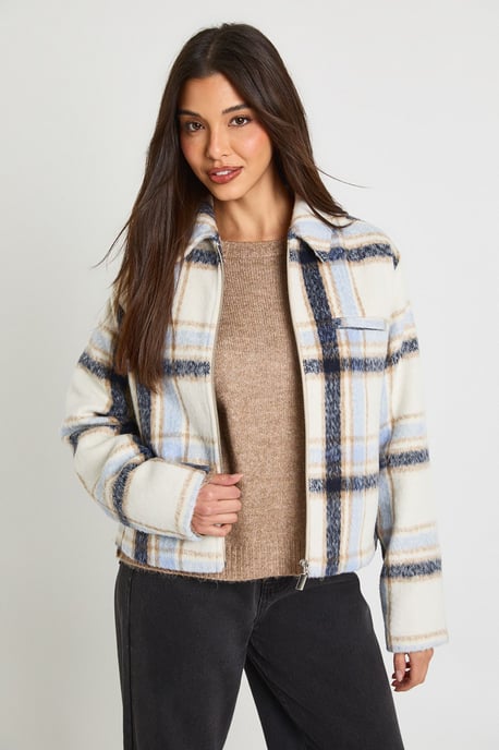 Check Zip Wool Look Jacket - Image 1