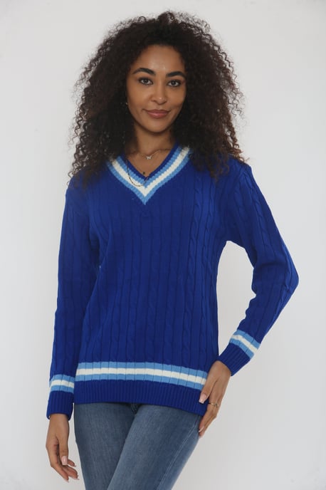 Cable Knit V Neck Jumper with Stripe - Image 1