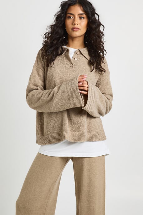 Chunky Knit Collar Detail Oversized Knitted Jumper and Wide Leg Trouser Co-Ord - Image 1