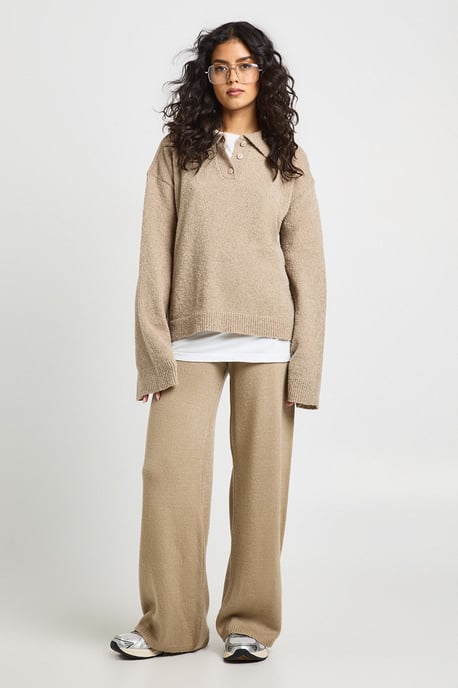 Chunky Knit Collar Detail Oversized Knitted Jumper and Wide Leg Trouser Co-Ord - Image 3