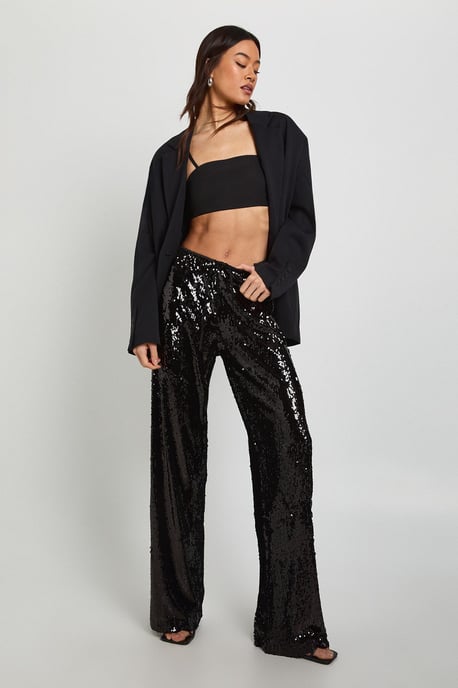 Tall Low Rise Drawcord Waistband Sequin Trouser - Image 1