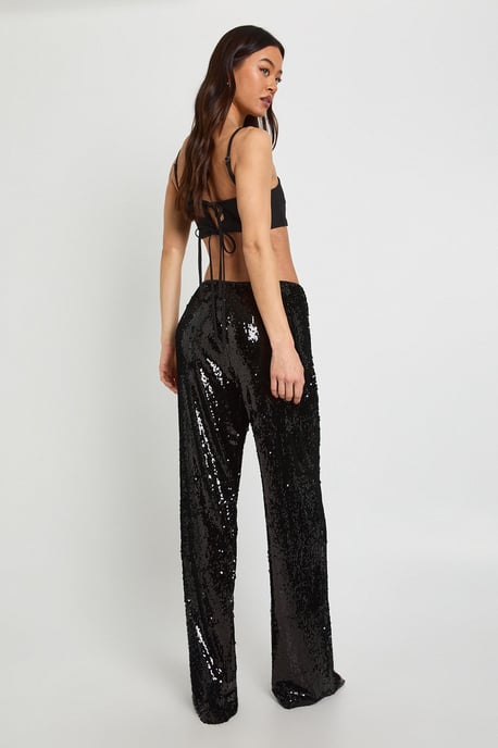 Tall Low Rise Drawcord Waistband Sequin Trouser - Image 2