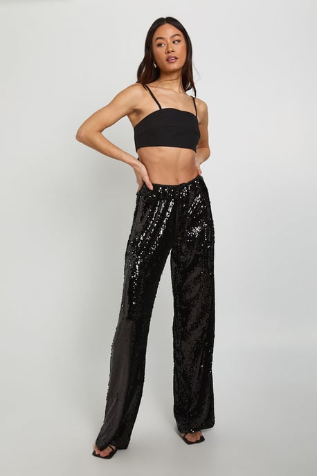Tall Low Rise Drawcord Waistband Sequin Trouser - Image 3