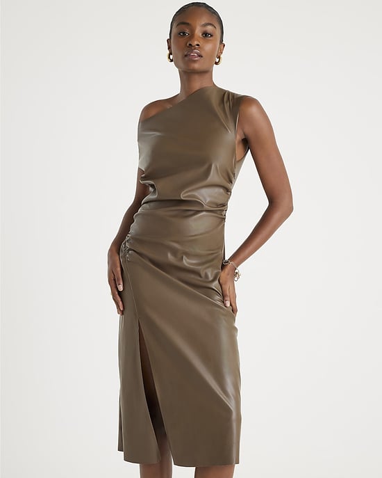River Island Womens Midi Dress Brown Drape Shoulder Faux Leather - Image 2