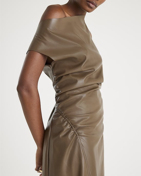 River Island Womens Midi Dress Brown Drape Shoulder Faux Leather - Image 4