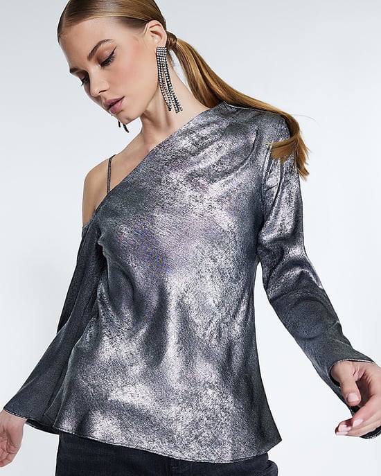 River Island Womens Top Silver Metallic One Shoulder - Image 1