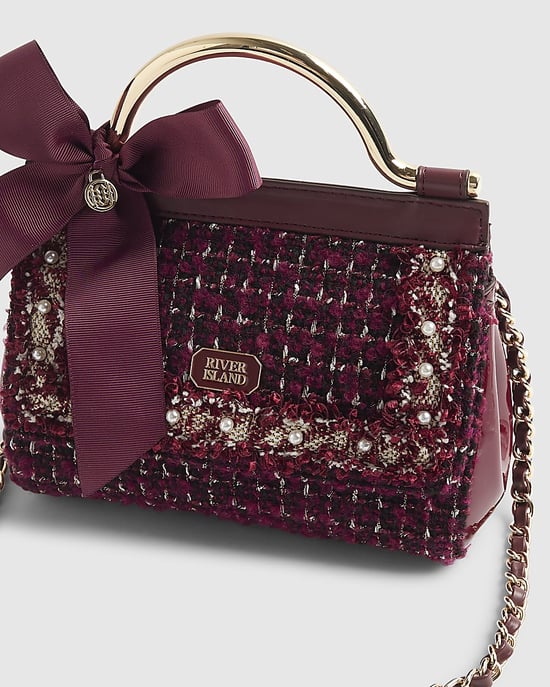 River Island Womens Tote Bag Red Boucle Bow Metal Handle - Image 3