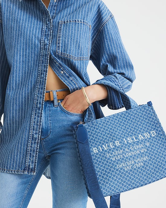 River Island Womens Tote Bag Blue Denim Monogram - Image 5