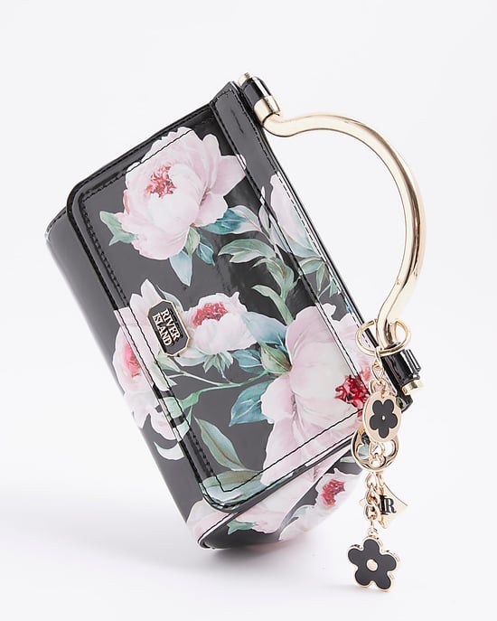 River Island Womens Mini Tote Bag Black Floral Metal Handle