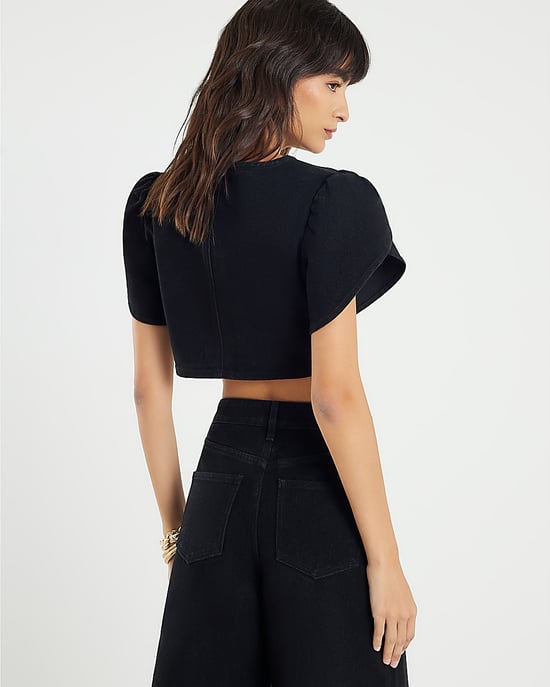 River Island Womens Crop Top Black Denim Button Up - Image 2