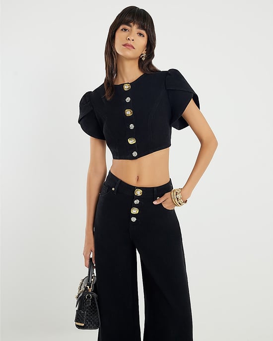 River Island Womens Crop Top Black Denim Button Up - Image 3