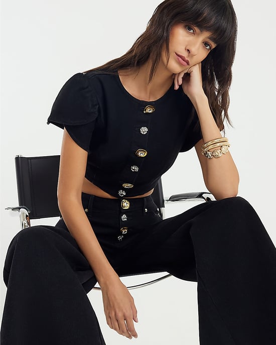 River Island Womens Crop Top Black Denim Button Up - Image 4