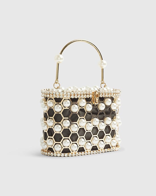 River Island Womens Clutch Bag Gold Pearl Cage Basket - Image 1