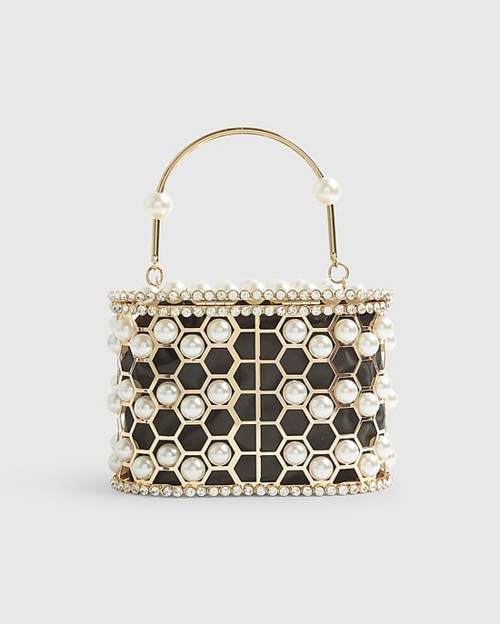 River Island Womens Clutch Bag Gold Pearl Cage Basket - Image 2