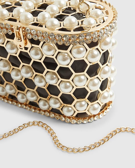 River Island Womens Clutch Bag Gold Pearl Cage Basket - Image 3