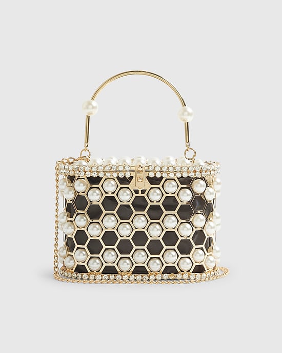 River Island Womens Clutch Bag Gold Pearl Cage Basket - Image 4