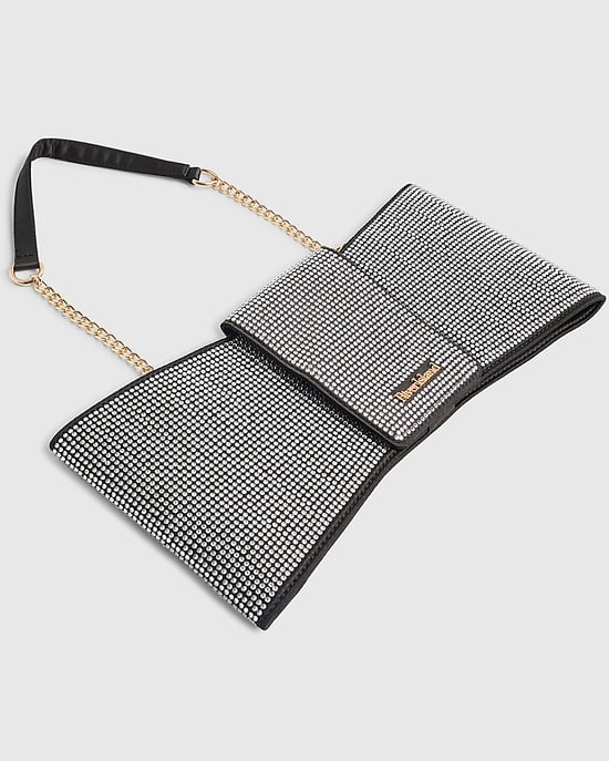 River Island Womens Clutch Bag Black Satin Diamante Bow - Image 3