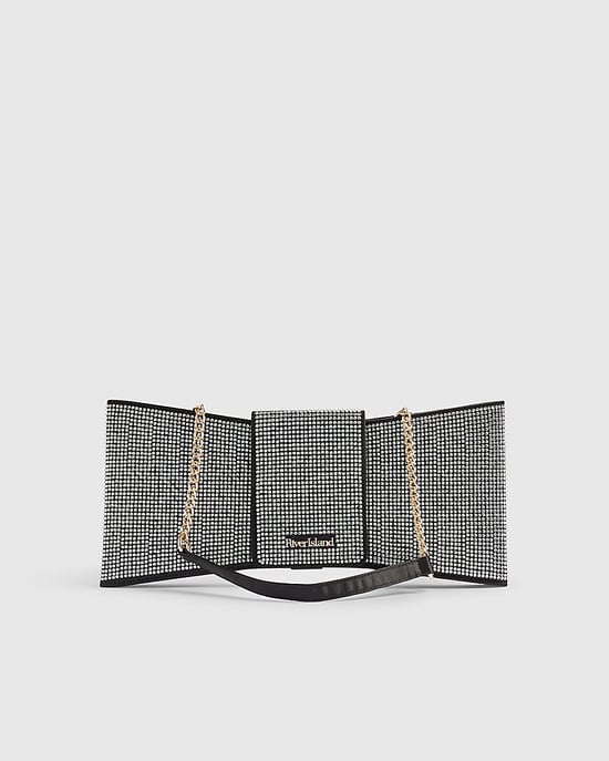 River Island Womens Clutch Bag Black Satin Diamante Bow - Image 4
