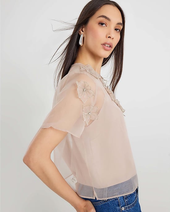 River Island Womens Blouse Pink Short Sleeve Embellished Flower - Image 4