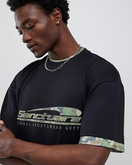 River Island Mens T-Shirt Black Oversized Fit Camo Sanctuaire - Image 2