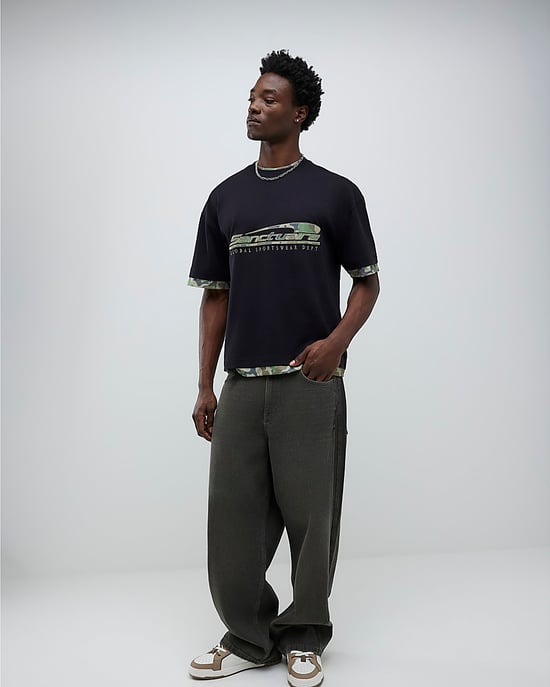 River Island Mens T-Shirt Black Oversized Fit Camo Sanctuaire - Image 4